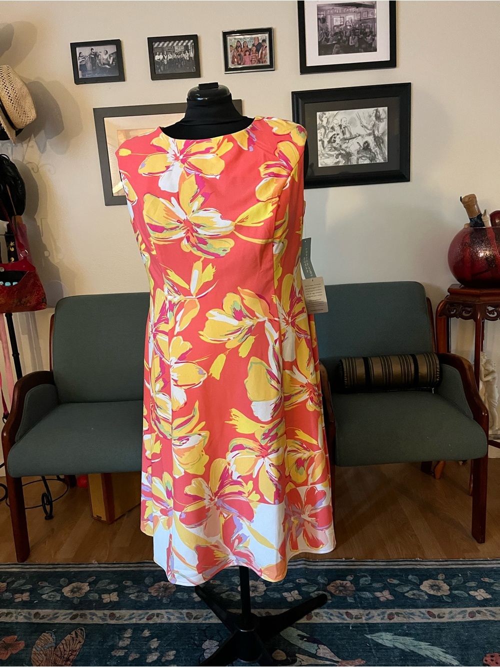 London Times Coral and Yellow Floral Fit-and-Flare Dress